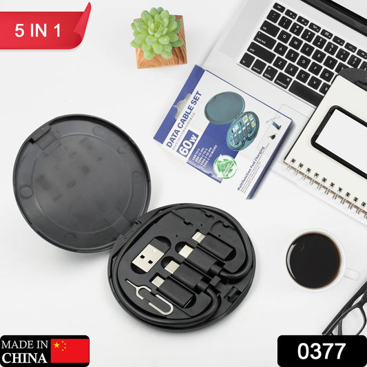 5 in 1 Mini Multi-Functional 60W Fast Charging Data Cable Set For Apple Android Type C Charging With Retrieve Card Pinround Storage Box | Compact And Portable USB Data Cable Storage Box Travel Cable Set